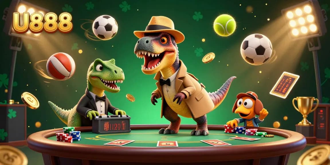 U888 theme featuring a velociraptor card counter at a blackjack table with vibrant sports elements and dramatic lighting.