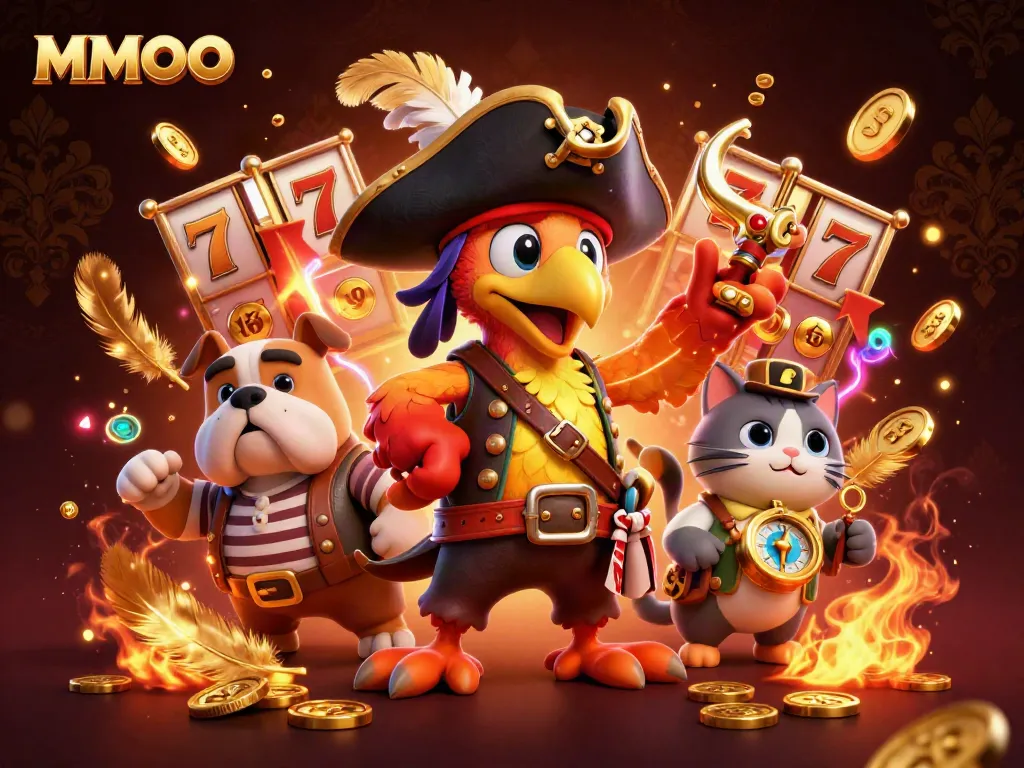Engage with MMOO exciting slots adventure featuring vibrant pirate characters and jackpot elements.