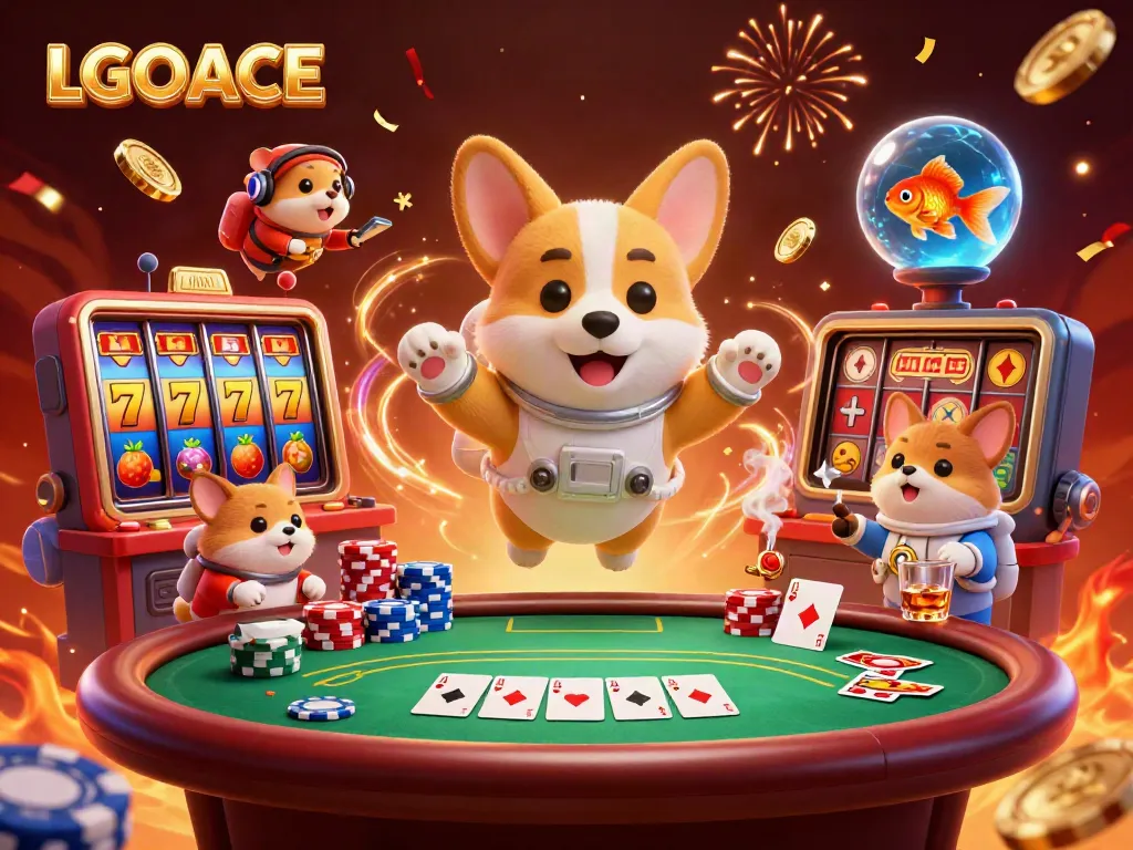 Play exciting slot games with LGOACE in a vibrant 3D casino scene featuring an astronaut corgi.
