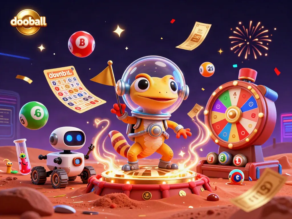 Experience dooball with a colorful scene of a Martian gecko discovering a golden casino bursting with lottery excitement.