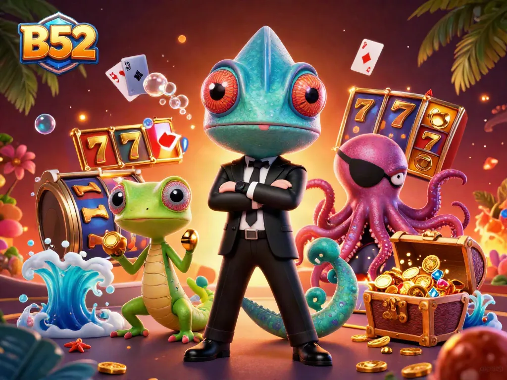 Experience thrilling B52 gaming with colorful slot reels and explosive treasure in a dynamic scene.