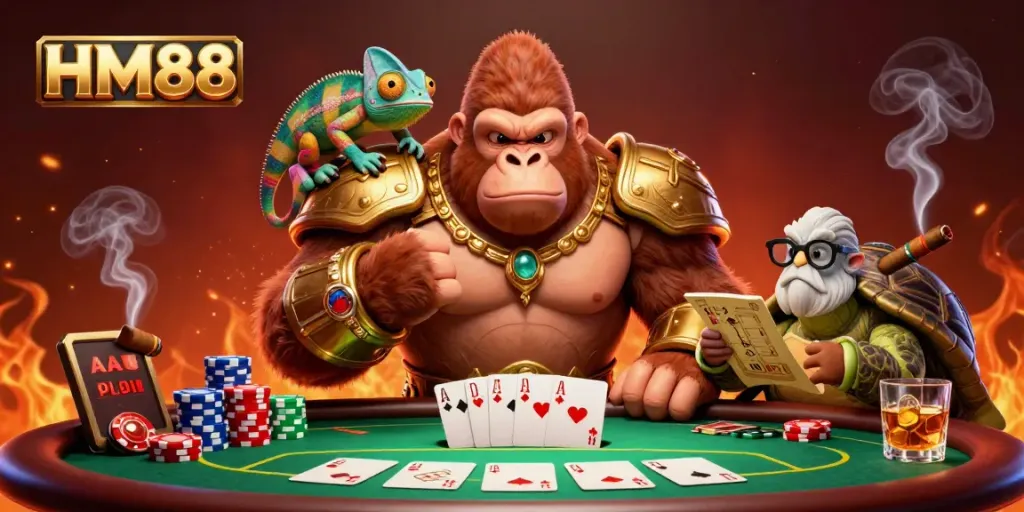 Join HM88 as a powerful gorilla king engages in thrilling poker action with a colorful chameleon at his side.