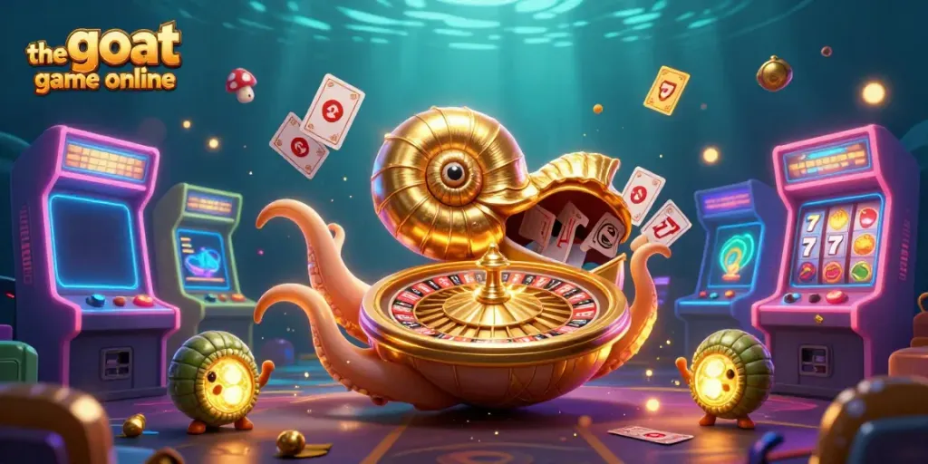 Engage with the goat game online, featuring a 3D nautilus as a roulette wheel amidst vibrant casino elements.