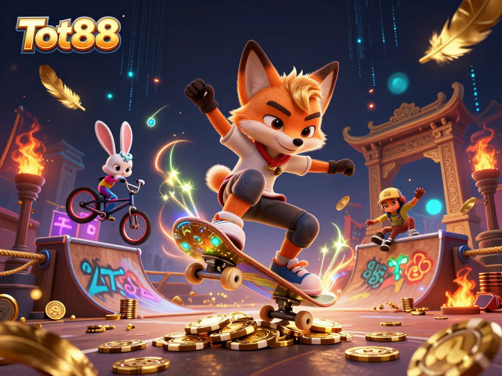 Engage with Tot88 as a whimsical fox skater jumps through a vibrant casino-themed landscape.