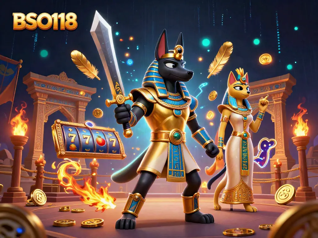 Engage with BSO118, a vibrant depiction of Anubis and Bastet amidst immersive casino elements.