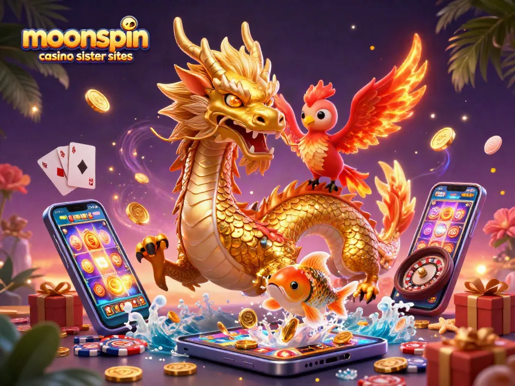 Play at moonspin casino sister sites with a fierce dragon and vibrant casino elements in a colorful scene.