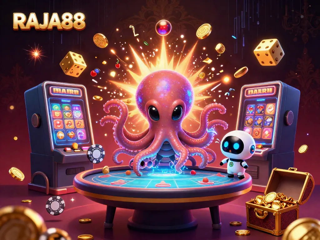 RAJA88 menampilkan alien gurita dan robot di meja poker holografis dengan slot jackpot yang menggelegar.