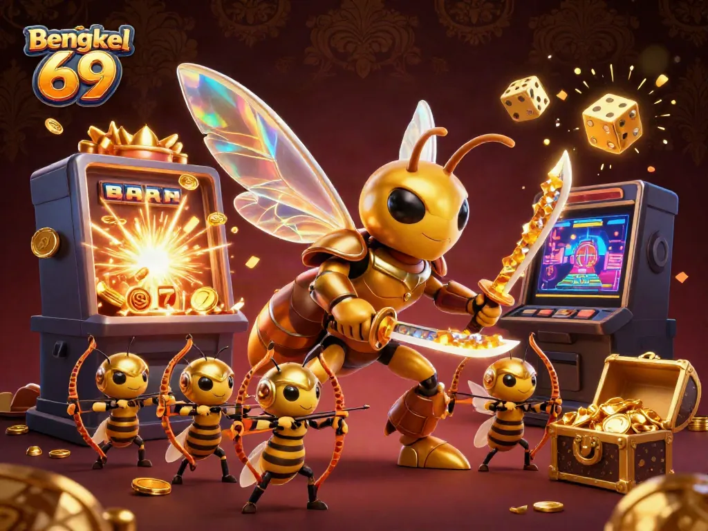 Bengkel 69 showcases vibrant slot gaming action with an epic scene of a samurai hornet and golden luck.