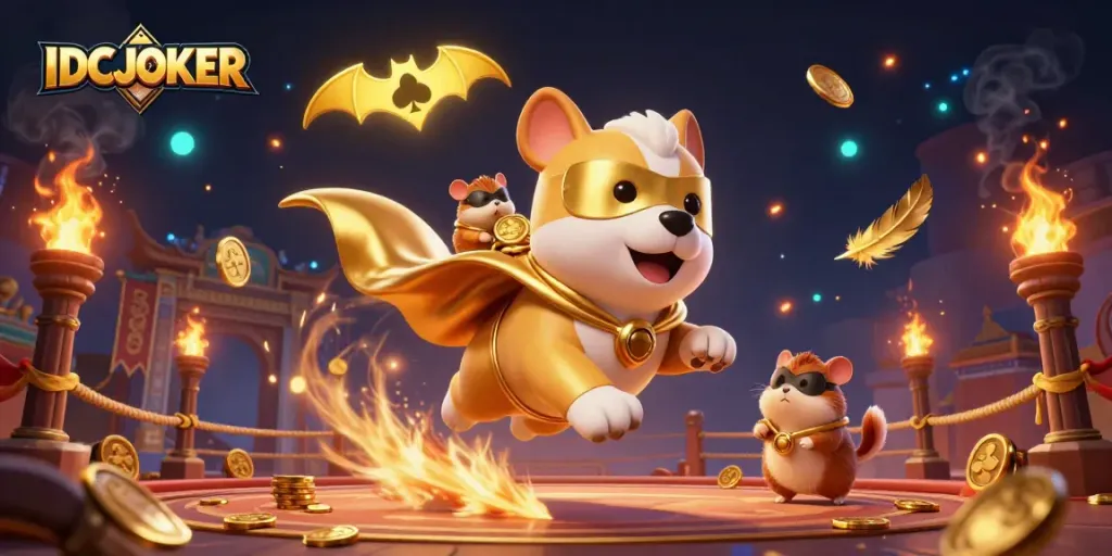 Experience thrilling wins with IDCJOKER, where a superhero dog soars amidst golden gambling rewards.