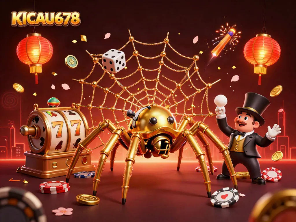 Experience the thrill of KICAU678 with a whimsical steampunk scene with gold elements and floating casino symbols.
