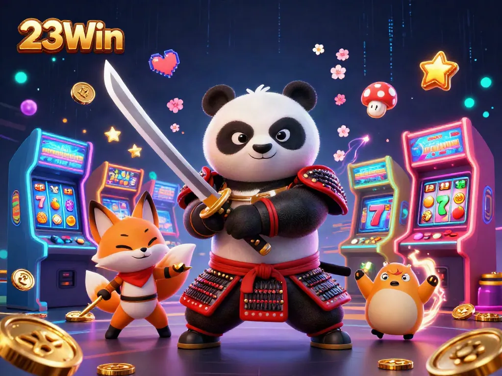 Experience thrilling gameplay at 23Win's casino with a 3D samurai panda and vibrant game elements.