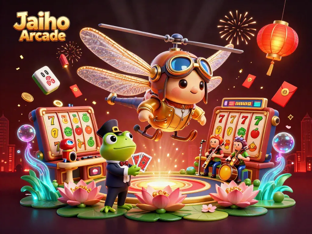 Experience the thrills of Jaiho Arcade with busy characters and casino elements in a vivid 3D illustration.