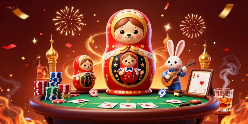 Join the festive atmosphere of cakhiatv with a vibrant poker scene featuring cartoon characters and casino elements.