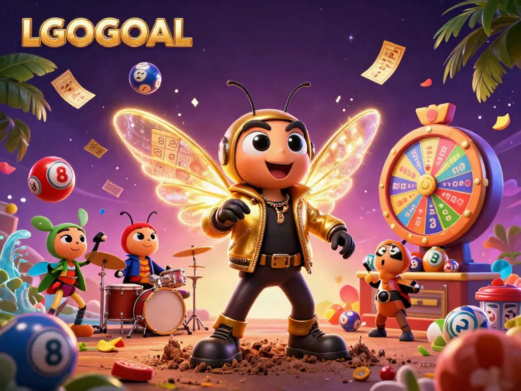 Experience LGOGOAL’s vibrant online gaming universe with a lively cicada rock star and colorful elements.