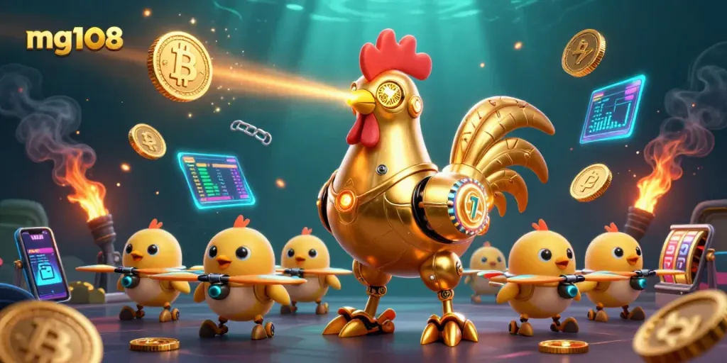 Permainan slot dengan mg108 menghadirkan robot ayam emas futuristik dan drone anak-anak, dikelilingi koin crypto.