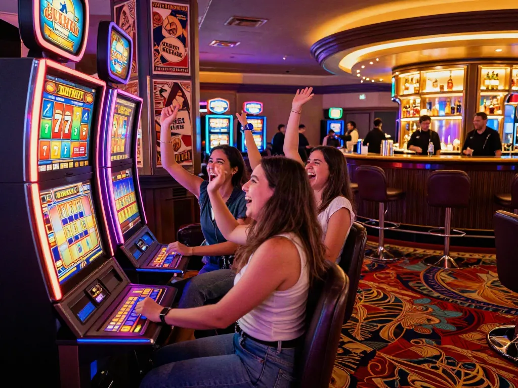 Excited friends celebrating around a Lucky777 slot machine at a vibrant casino.