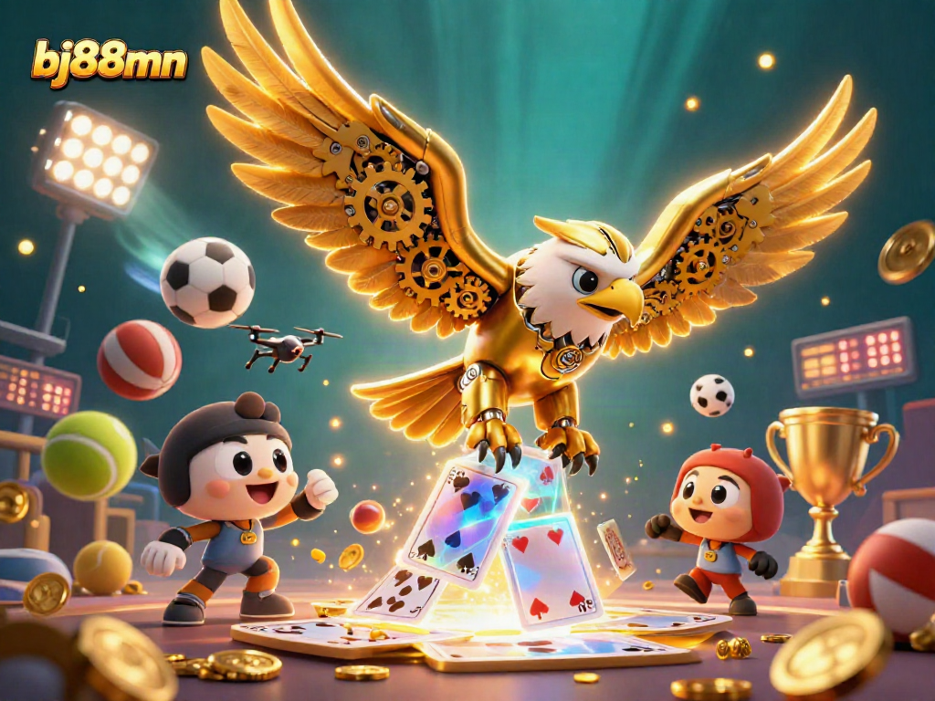Engage with bj88mn’s thrilling betting experience as a cybernetic eagle soars through an exciting gambling scene.