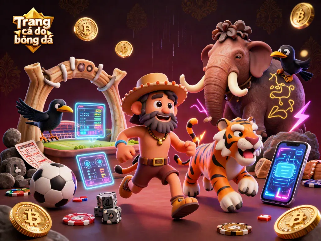Engage with Trang cá độ bóng đá through a lively prehistoric casino scene depicting a cartoon caveman and sabertooth tiger.