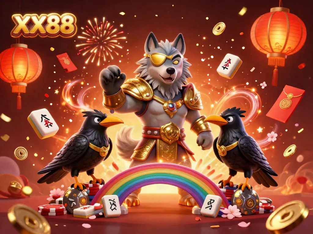 Experience the excitement of XX88 with Odin and two ravens amidst a celebratory casino scene.
