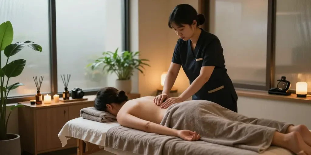 Relaxing 송파출장안마 treatment in calm urban wellness spa environment with soothing ambiance.