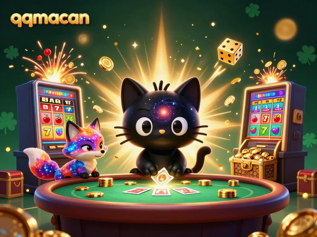 Experience dynamic gaming action with qqmacan's captivating casino scene featuring a black hole cat and galaxy patterns.