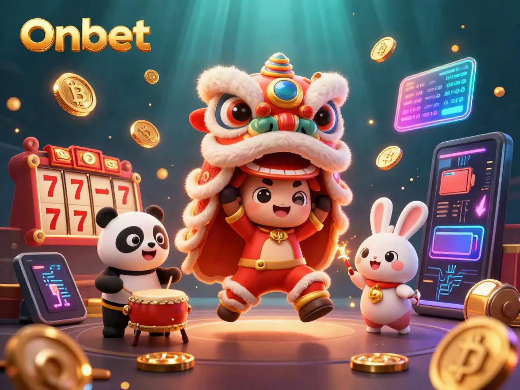 Engage in thrilling Onbet casino action with vibrant lion dance and gaming elements.