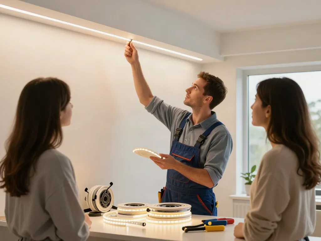 Instalarea benzilor LED de către un profesionist în iluminat, serviciu de calitate pentru locuințe locale.