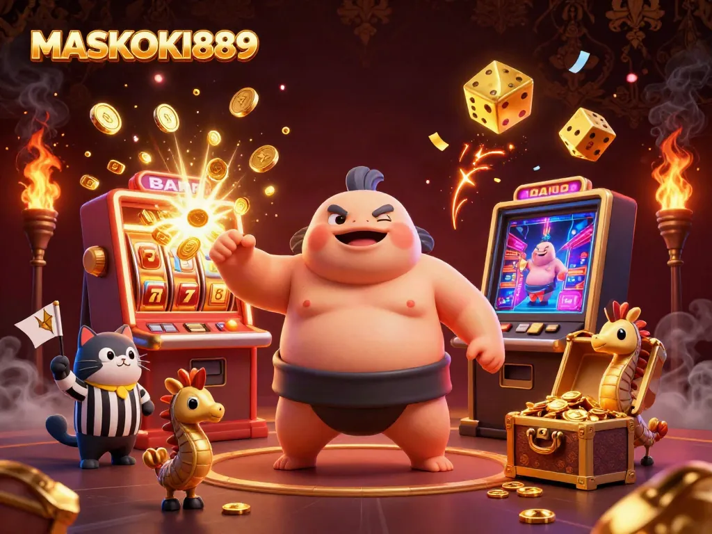 Engage with slots at MASKOKI889 with this vibrant casino-themed illustration featuring a blowfish and a catfish referee.