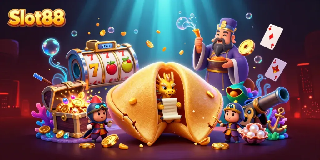 Experience the excitement of Slot88 with a vibrant 3D casino scene featuring colorful slot reels and magical characters.