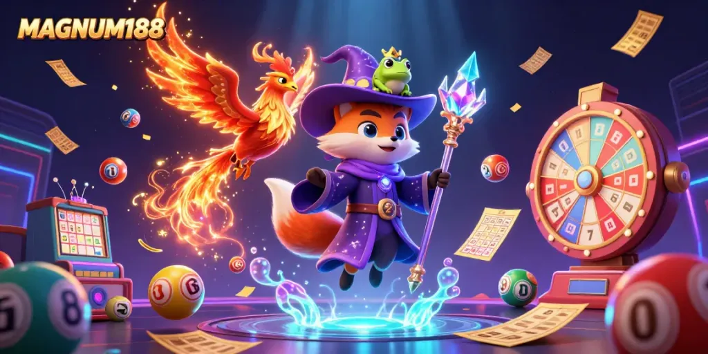 Engage with MAGNUM188's vibrant casino scene featuring mystical characters and dynamic game elements.