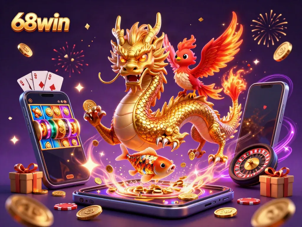 Experience the thrill of online gaming with 68win as a powerful dragon and phoenix soar through a vibrant digital casino.