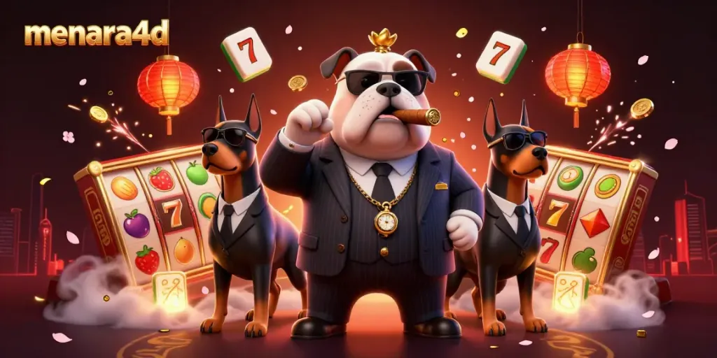 Menara4d showcases a vibrant casino scene with a mafia boss bulldog and slot machines.