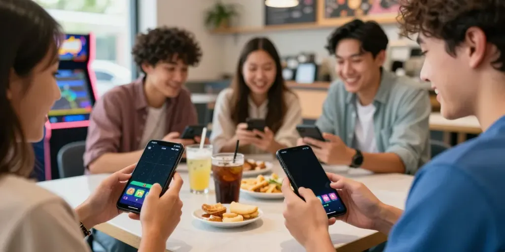 Engaged player enjoying Yono Arcade in a lively café setting.