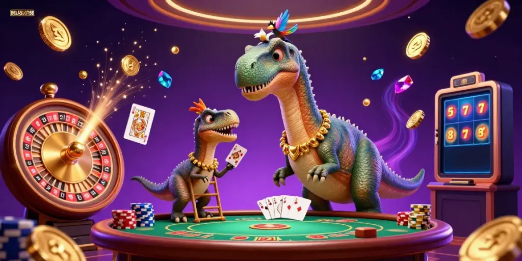 BOLASLOT88 scene capturing a whimsical casino moment with a brontosaurus and clever raptor dealing cards.