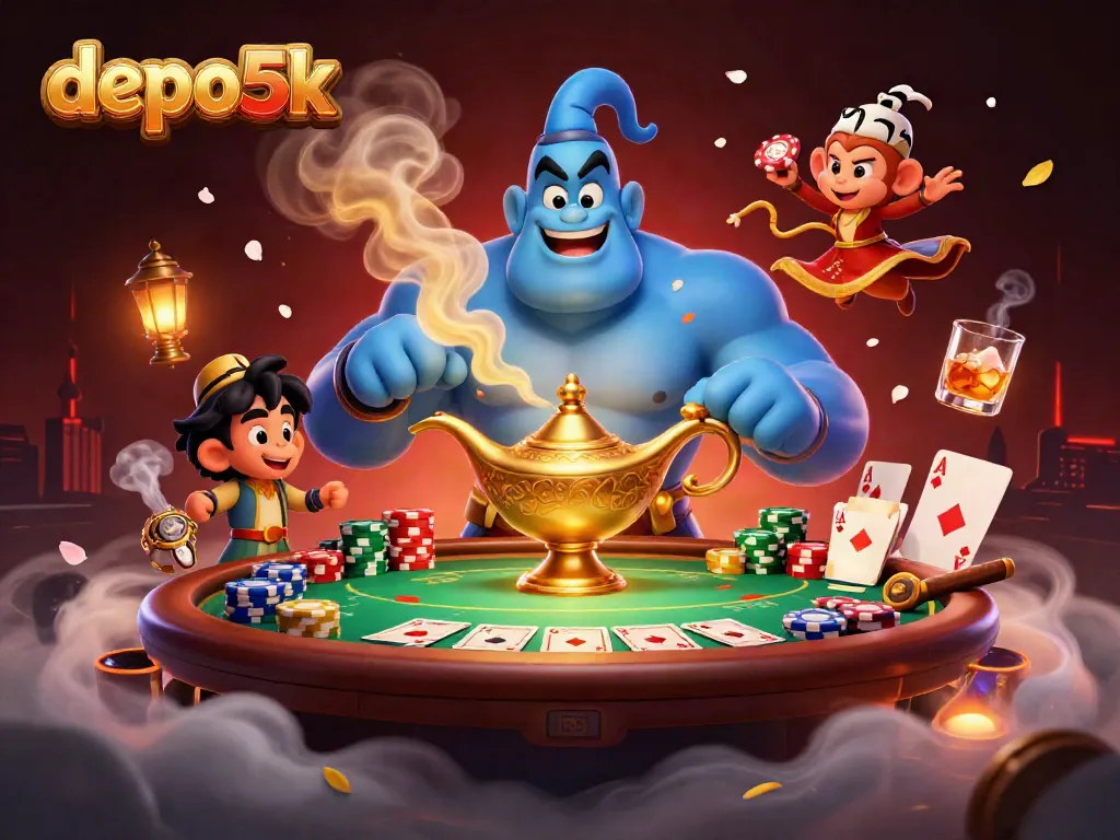 Experience the magic of depo5k with a genie and poker action in this vibrant casino scene.