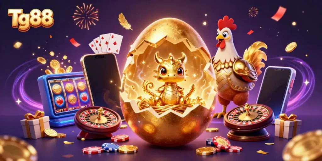 Tg88 showcases a golden dragon revealing poker chips amidst festive casino elements