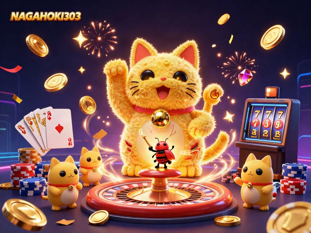 NAGAHOKI303 menampilkan ilustrasi kasino dengan kucing keberuntungan dan simbol permainan.