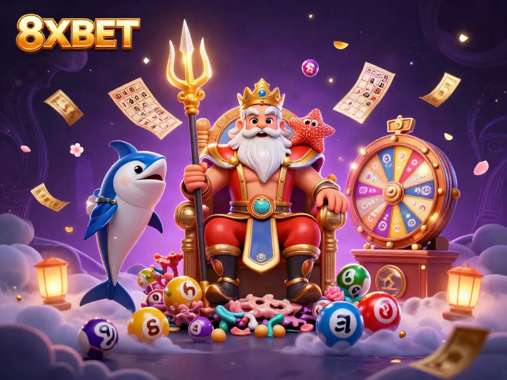 Experience the thrill of 8XBET with colorful lottery balls and casino excitement around Neptune and his allies.