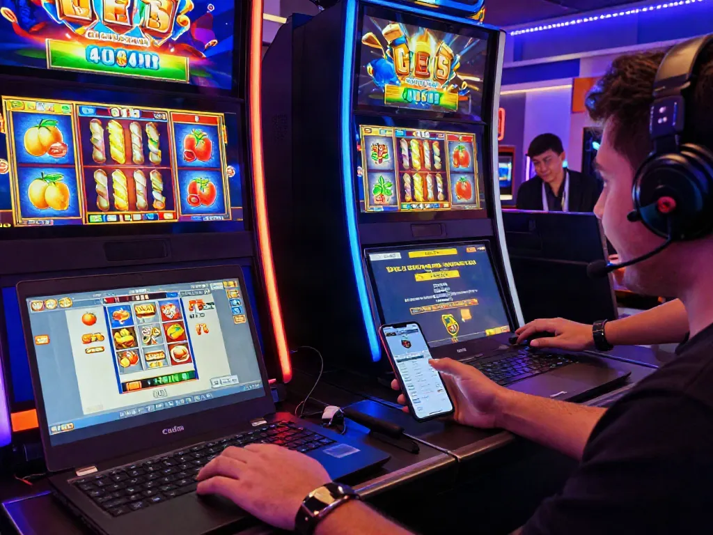 Player exploring slot gacor games on laptop and mobile device in a vibrant online casino setting.