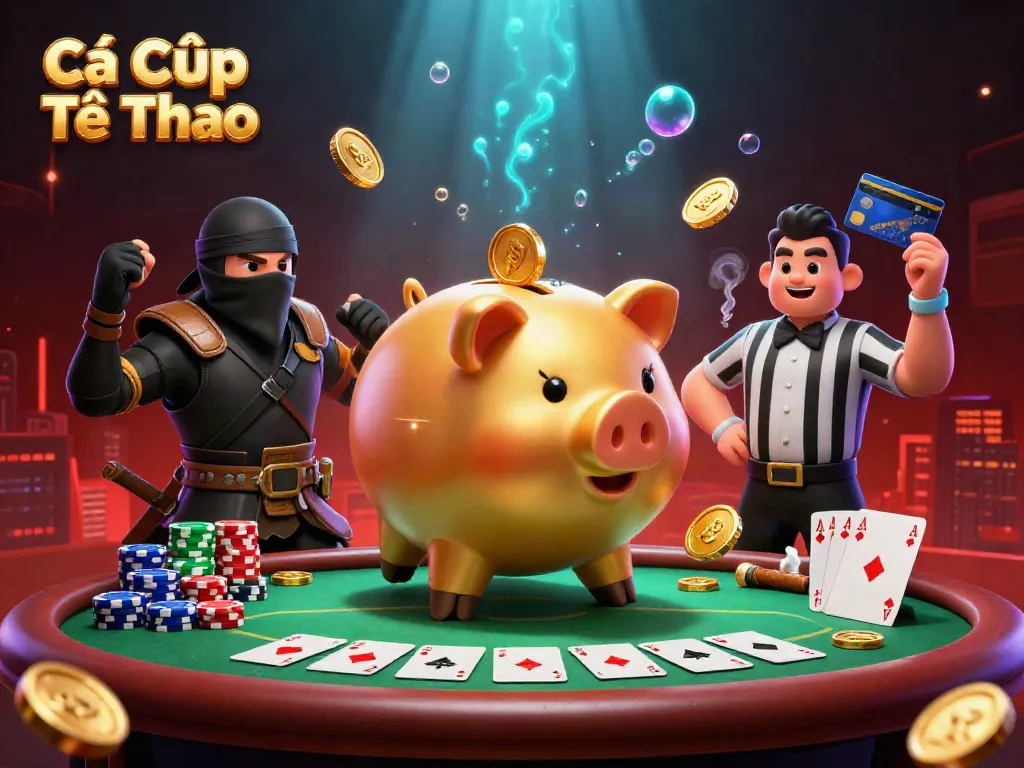 Engage in Cá Cược Thể Thao with a vibrant 3D illustration showcasing a golden piggy bank sumo wrestler amid dynamic poker action.