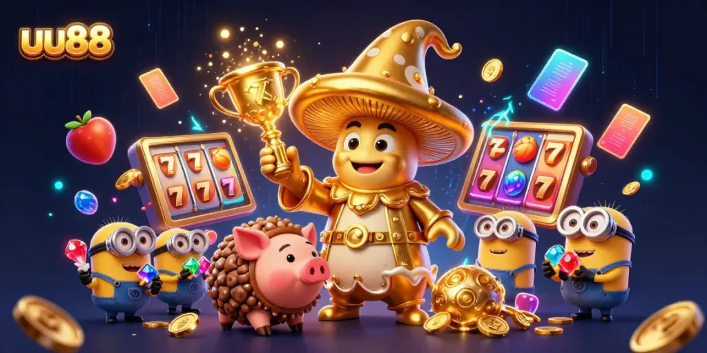uu88 slot games illustration featuring a golden mushroom wizard and treasure elements.