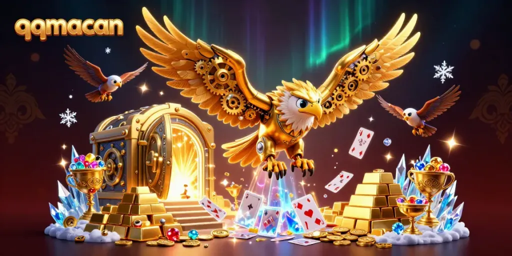 Experience thrilling gameplay at qqmacan with a vibrant casino scene full of holographic cards, gold treasures, and dynamic characters.