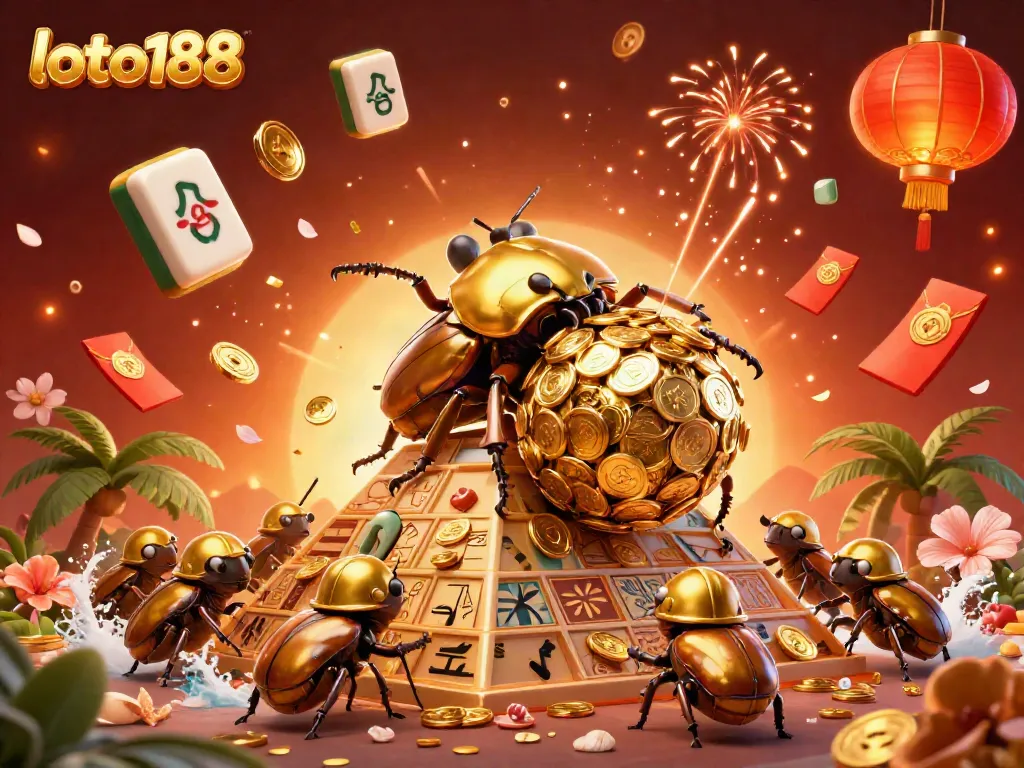 Experience the loto188 casino adventure with a golden dung beetle rolling cash and casino elements in a vibrant illustration.