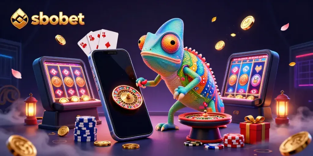 Engage with SBOBET's exciting gaming experience featuring a colorful chameleon casino owner and mobile slot games.