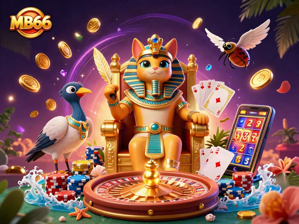 Play the MB66 slots with vibrant symbols and engaging themes in this colorful casino scene.