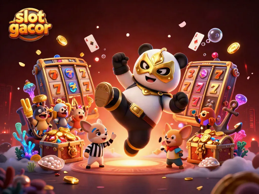 Experience the excitement of slot gacor with charismatic characters and vibrant casino elements in a lively scene.