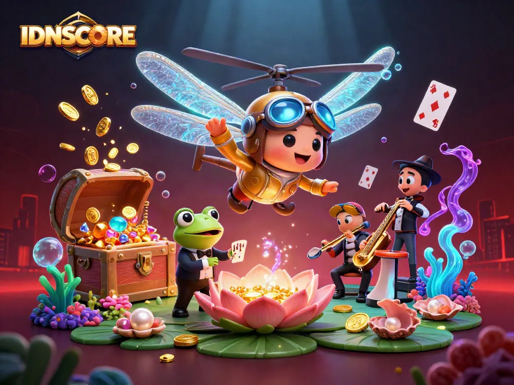 IDNSCORE brings excitement with a dragonfly pilot and frog croupier in a vibrant casino scene.