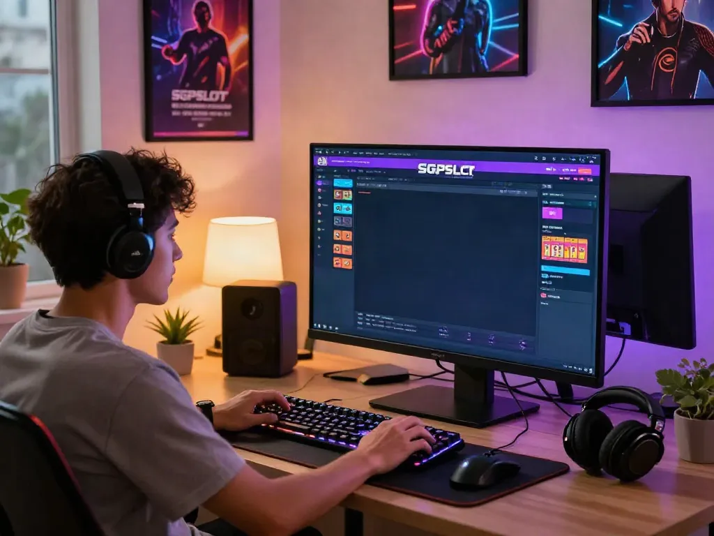 Engaged gamer using SGPSLOT link login on a vibrant home office setup.