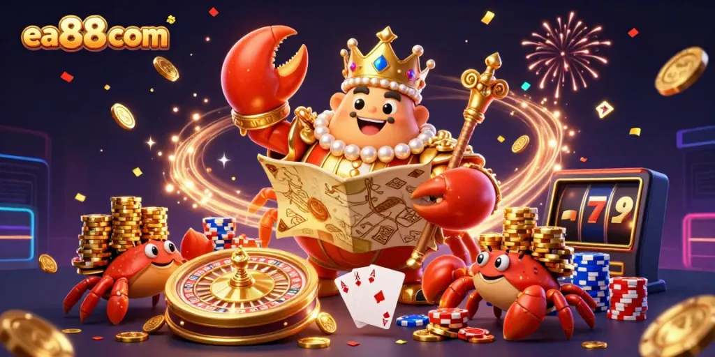 Experience excitement with the golden crab emperor at ea88 com, surrounded by treasure and casino elements.