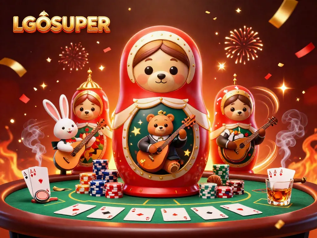 Engage with LGOSUPER as charming casino-themed characters interact around a vibrant poker scene.